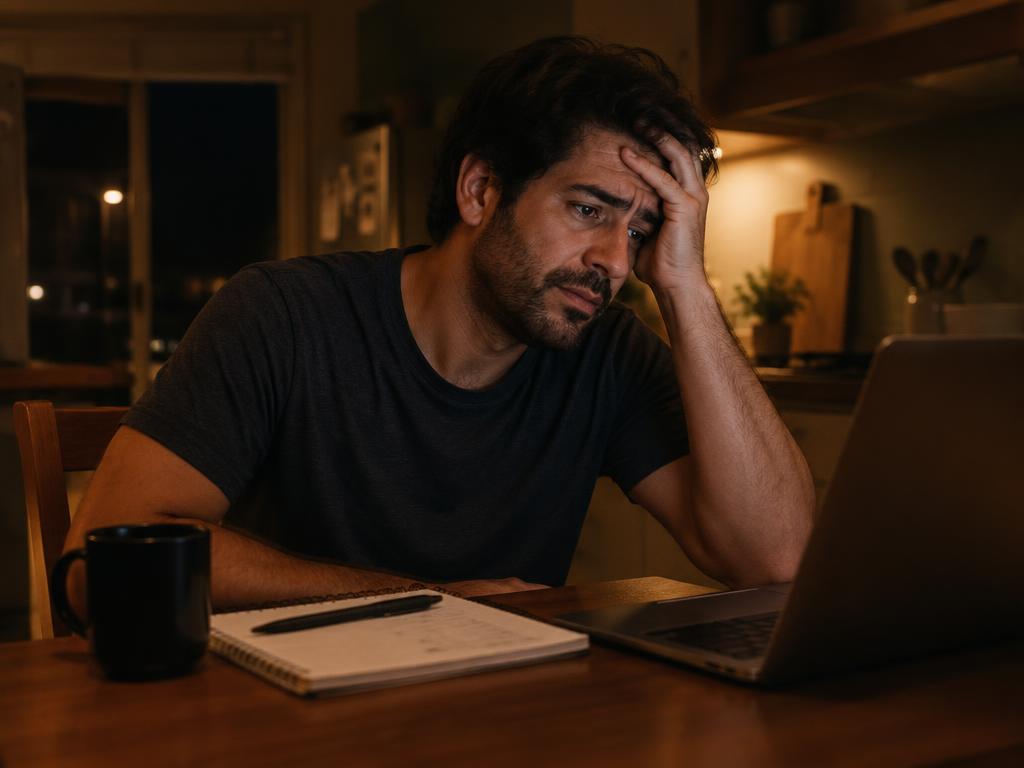 Homem cansado à mesa à noite, sentindo-se travado
