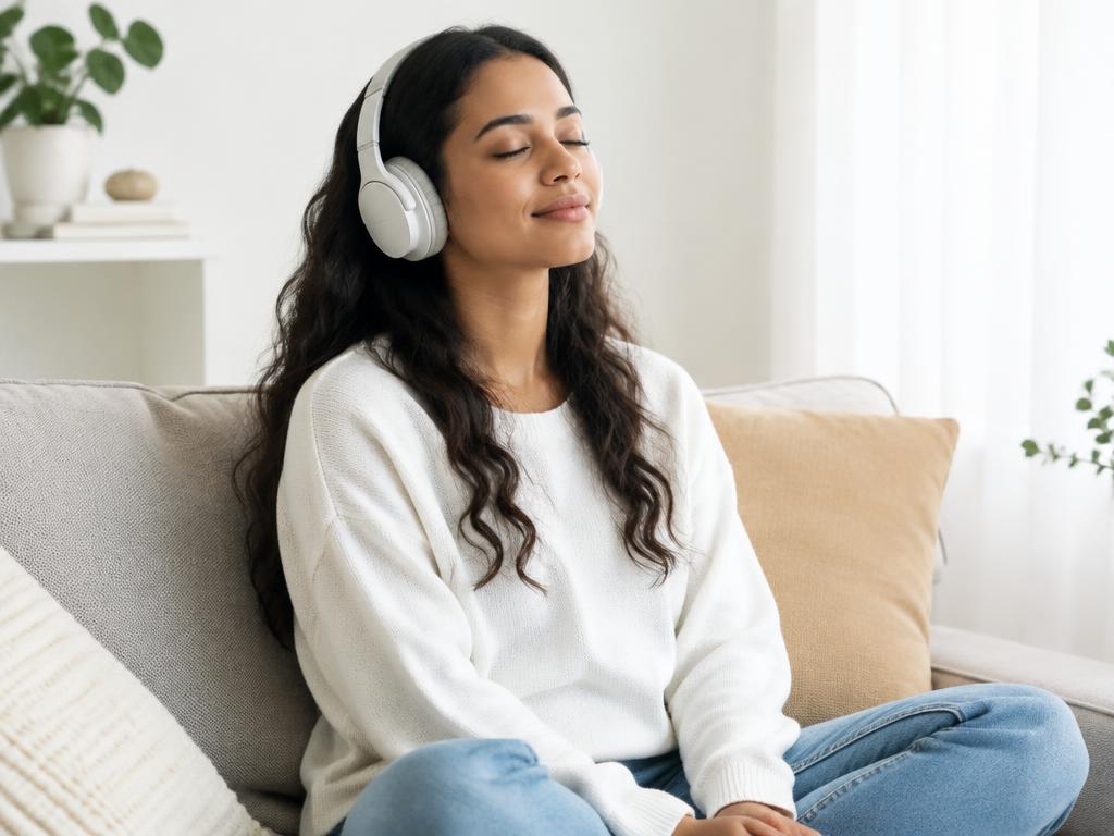 Mulher de olhos fechados ouvindo um áudio guiado com fones