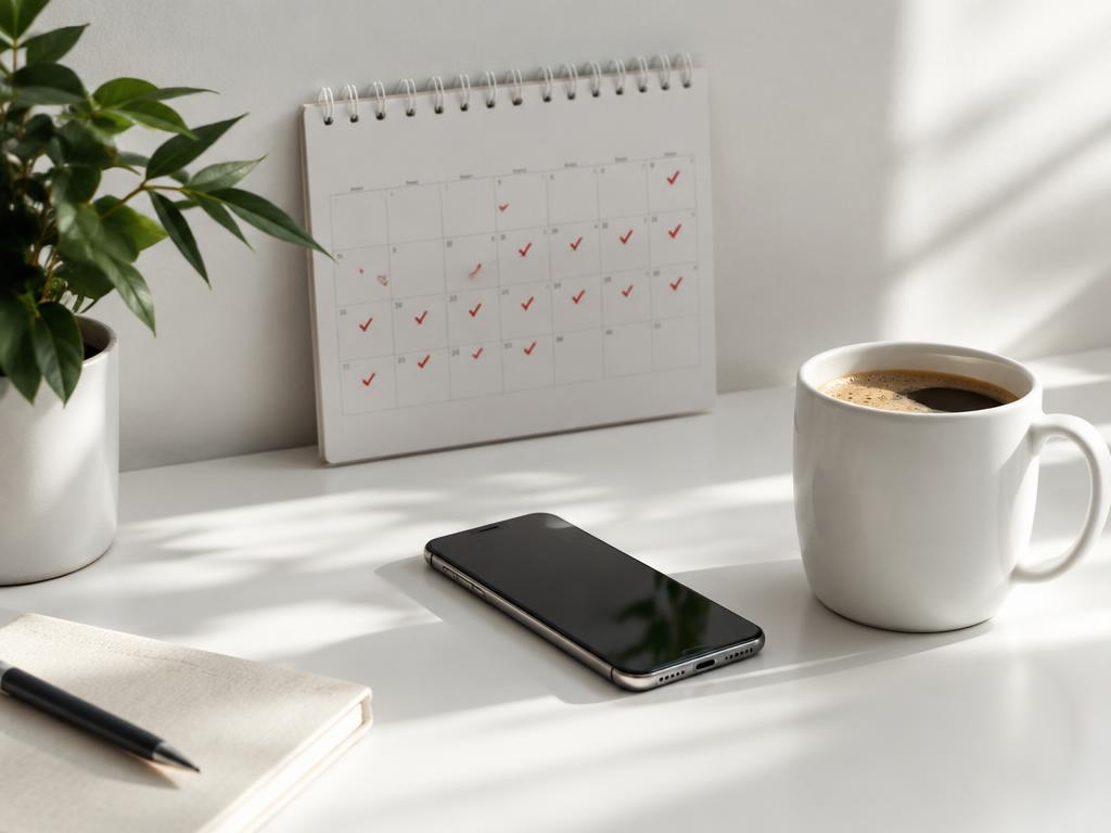 Calendário com dias marcados ao lado de um celular e café