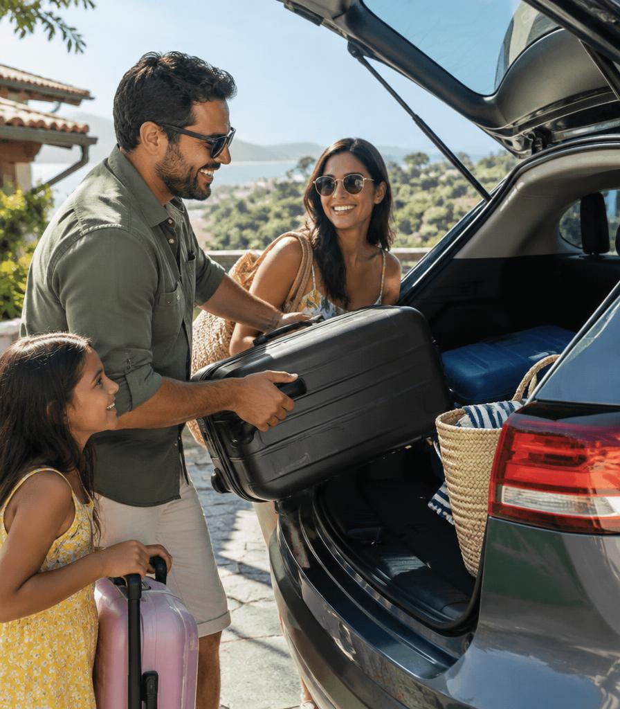 Família feliz colocando malas no carro para uma viagem